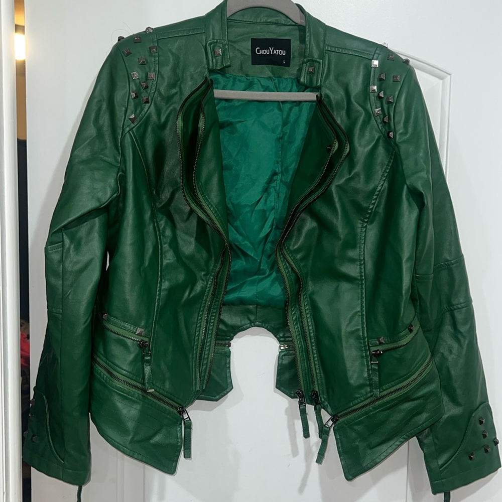 Green studded leather jacket